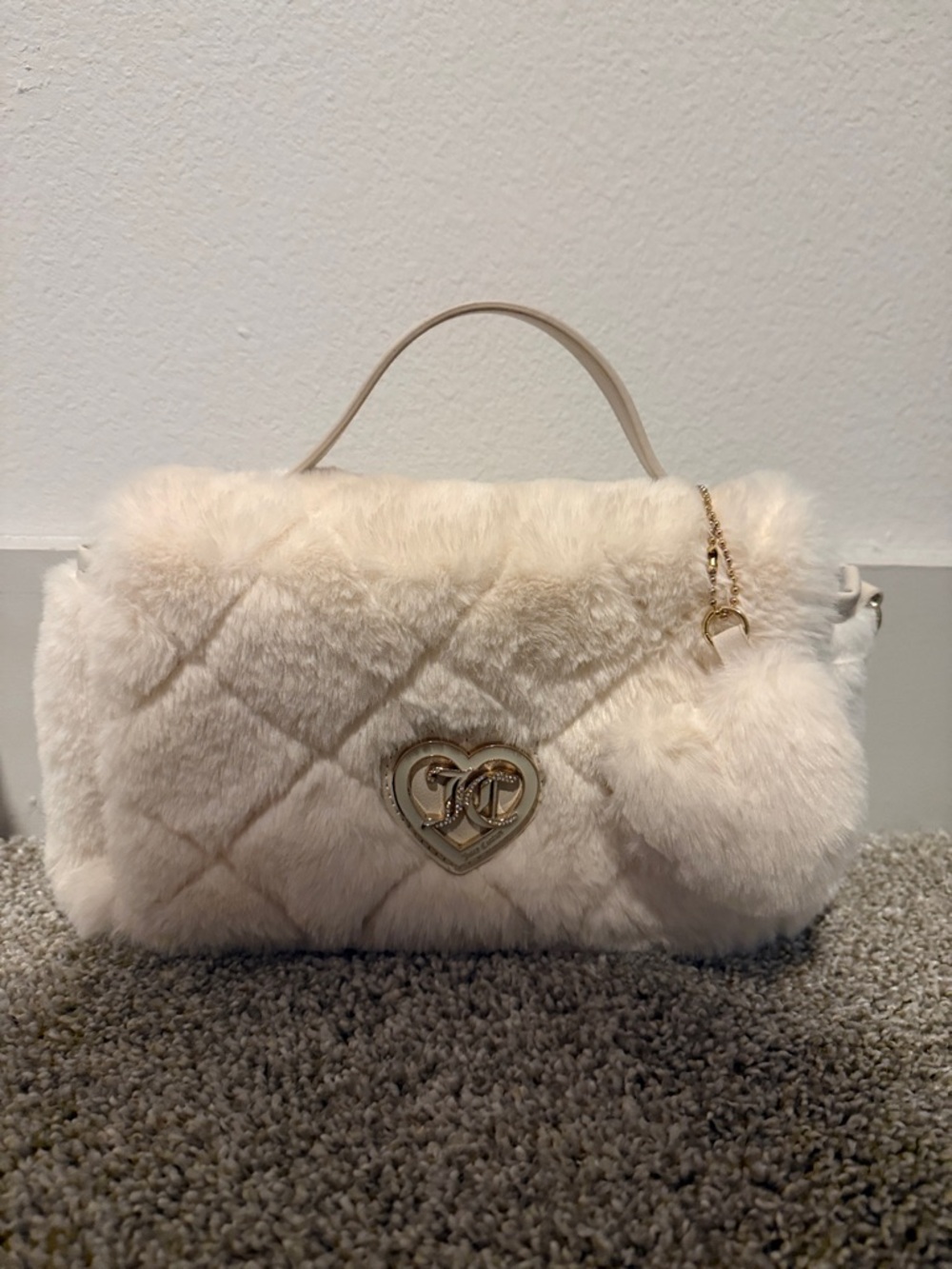 Juicy Couture Plush Quilted Heart Accent Top-Handle Bag in Cream